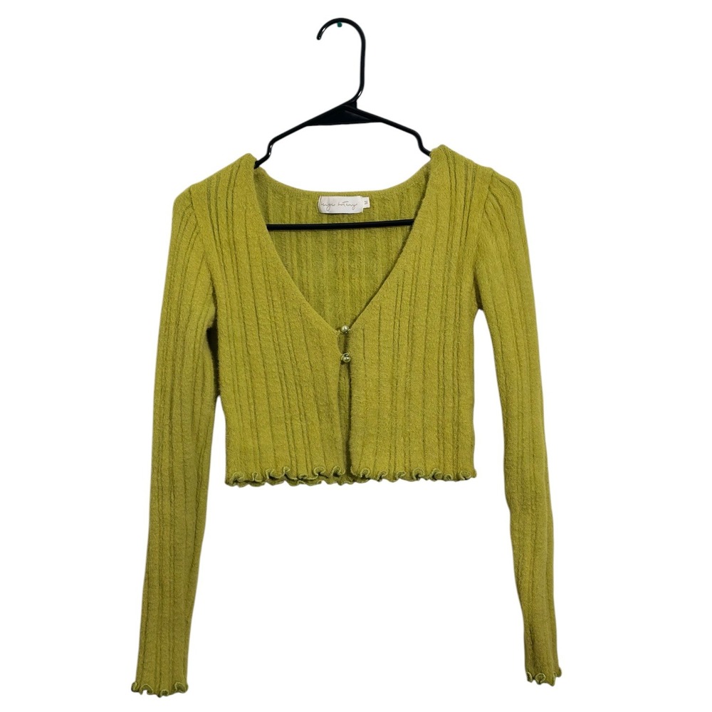 Beige Botany Chartreuse Fairy Green Fuzzy Ribbed Cropped Cardigan Pearls Size M